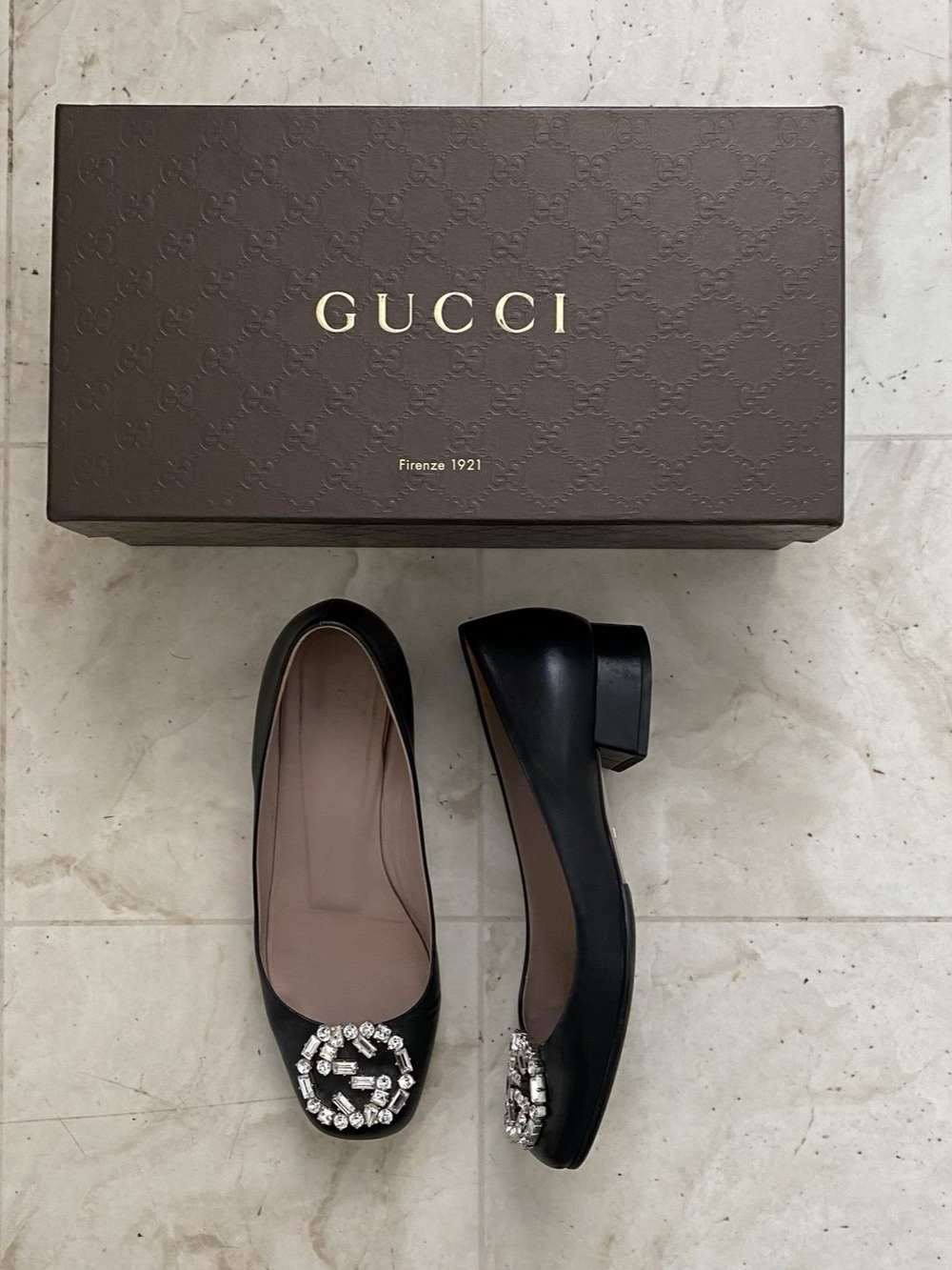 Gucci Interlocking G Black Leather Crystal Embellished Block Heels Pumps Size 6
